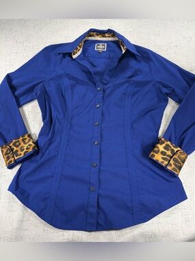 Express The Essential Shirt Royal Blue Leopard Print Trim Collared Button Up